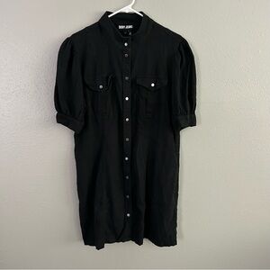 DKNY Jeans Black Linen Blend Button Front Dress Sz L Puff Sleeve Mandarin Collar